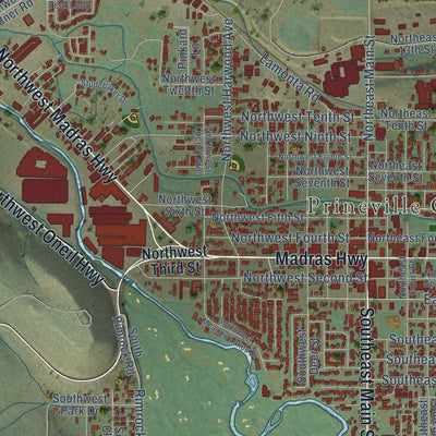 Close-up of the map of Prineville, Oregon print showing street and building detail