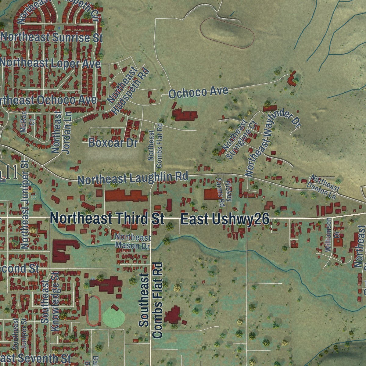 Second close-up of the map of Prineville, Oregon print showing more streets and buildings
