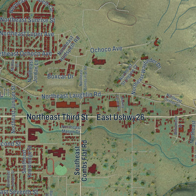 Second close-up of the map of Prineville, Oregon print showing more streets and buildings