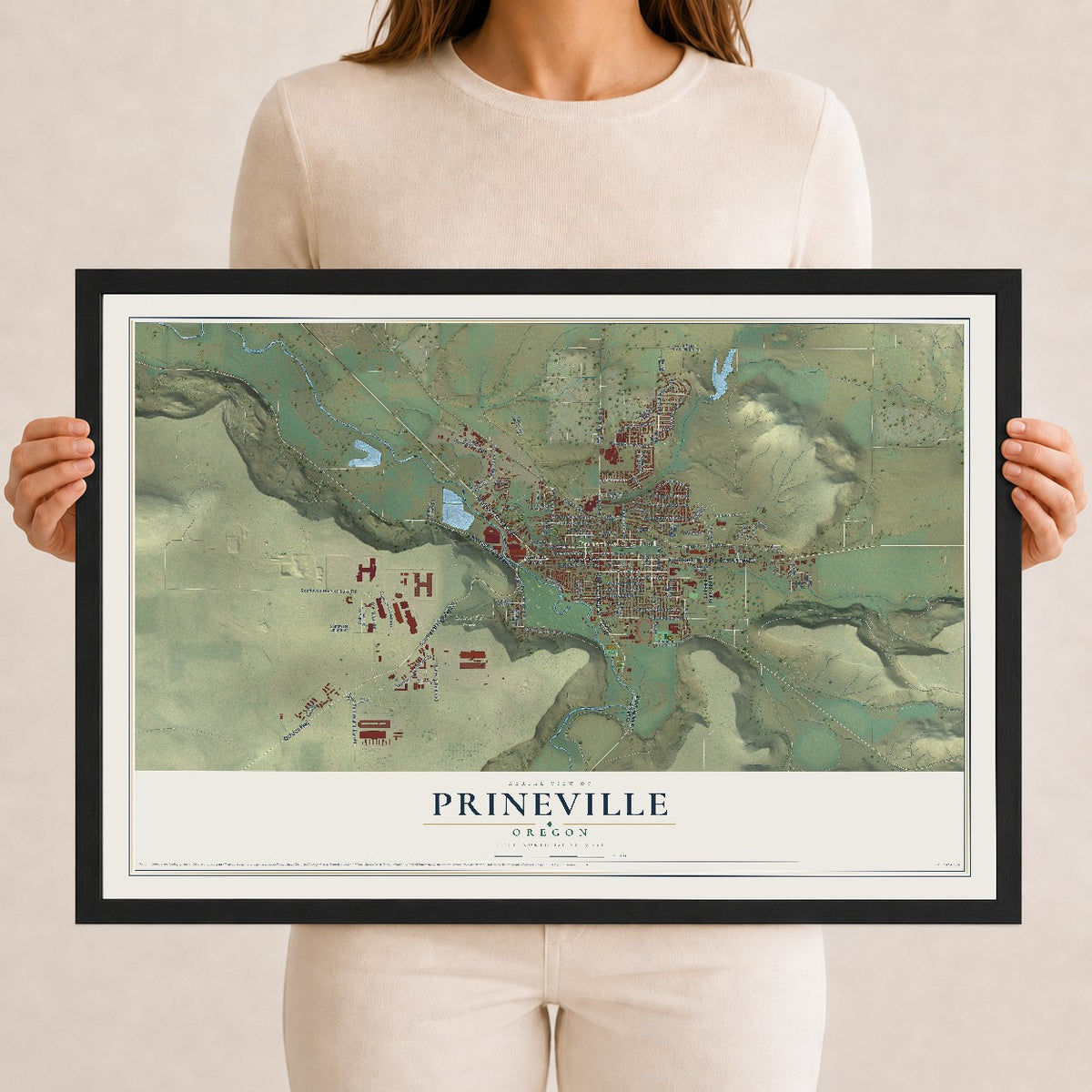 Map of Prineville, Oregon, 12 x 18 inch print in a black wood frame