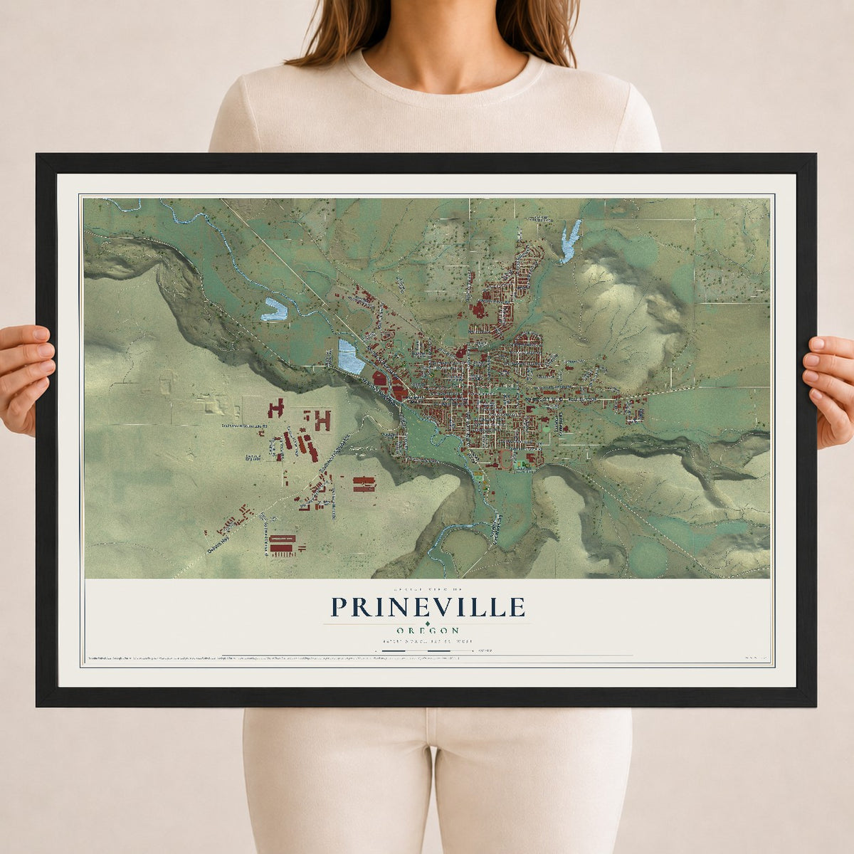 Map of Prineville, Oregon, 18 x 24 inch print in a black wood frame