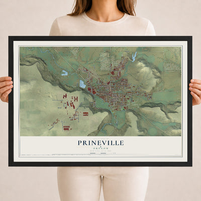 Map of Prineville, Oregon, 18 x 24 inch print in a black wood frame
