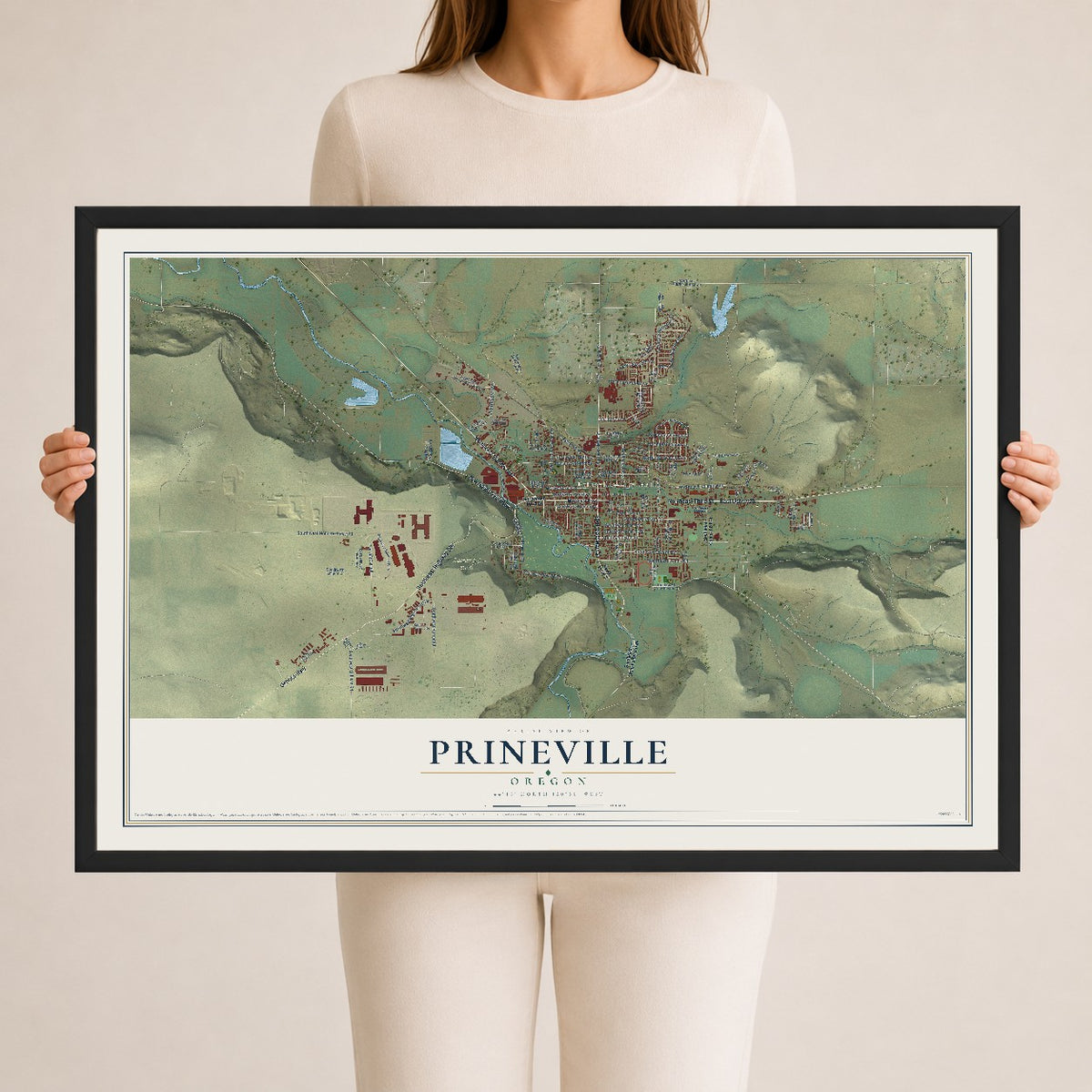 Map of Prineville, Oregon, 24 x 36 inch print in a black wood frame