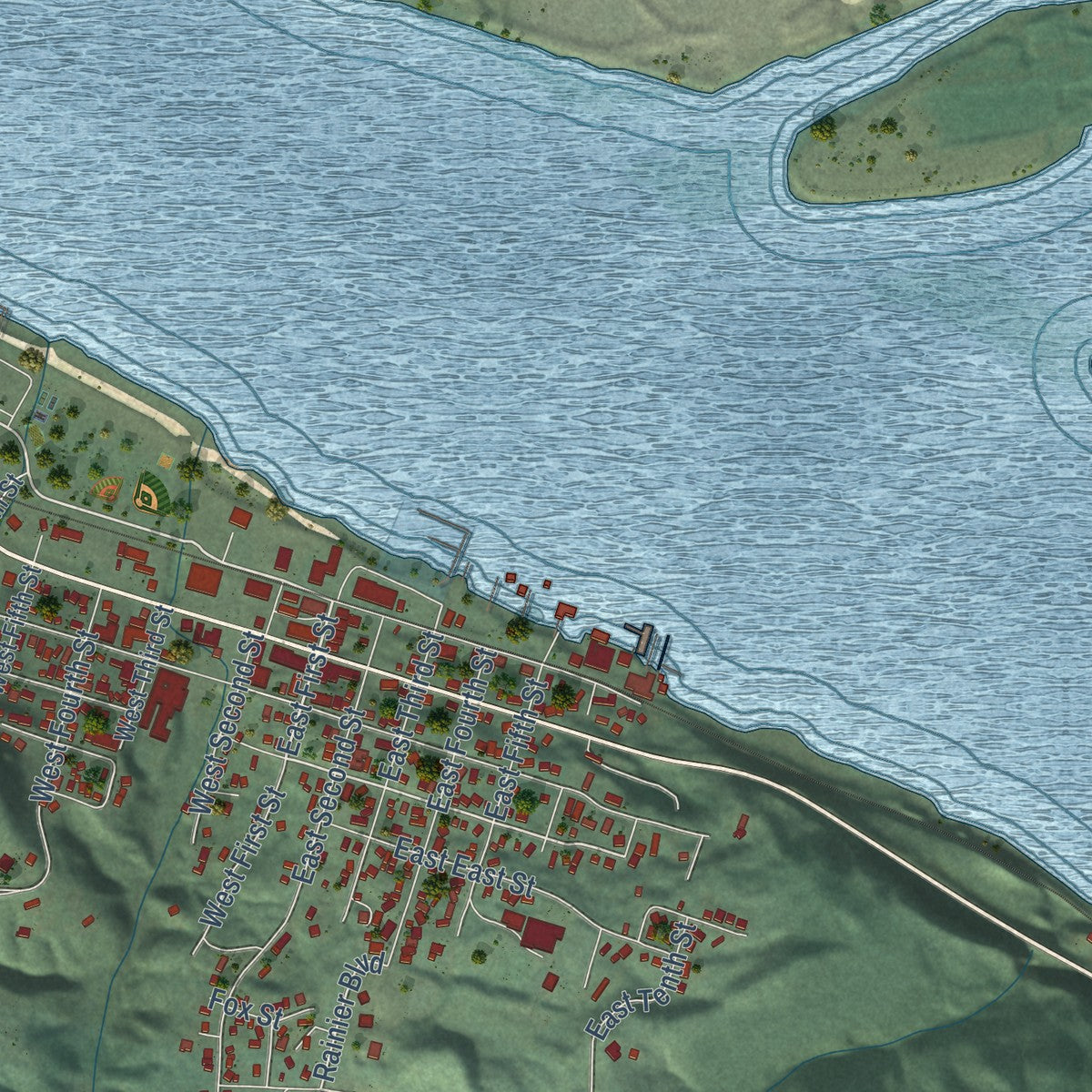 Close-up of the map of Rainier, Oregon print showing street and building detail