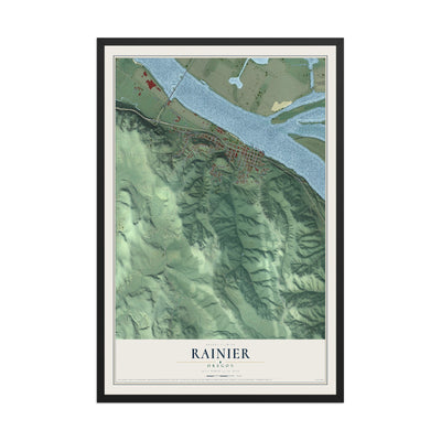 Map of Rainier, Oregon, 12 x 18 inch print in a black wood frame