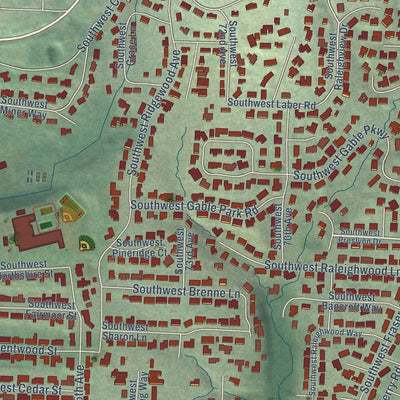 Close-up of the map of Raleigh Hills, Oregon print showing street and building detail