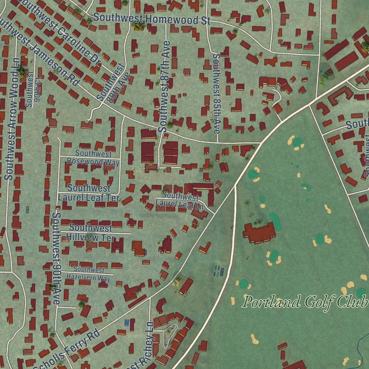 Second close-up of the map of Raleigh Hills, Oregon print showing more streets and buildings