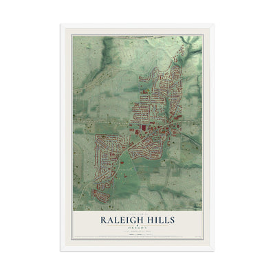 Map of Raleigh Hills, Oregon, 12 x 18 inch print in a white wood frame
