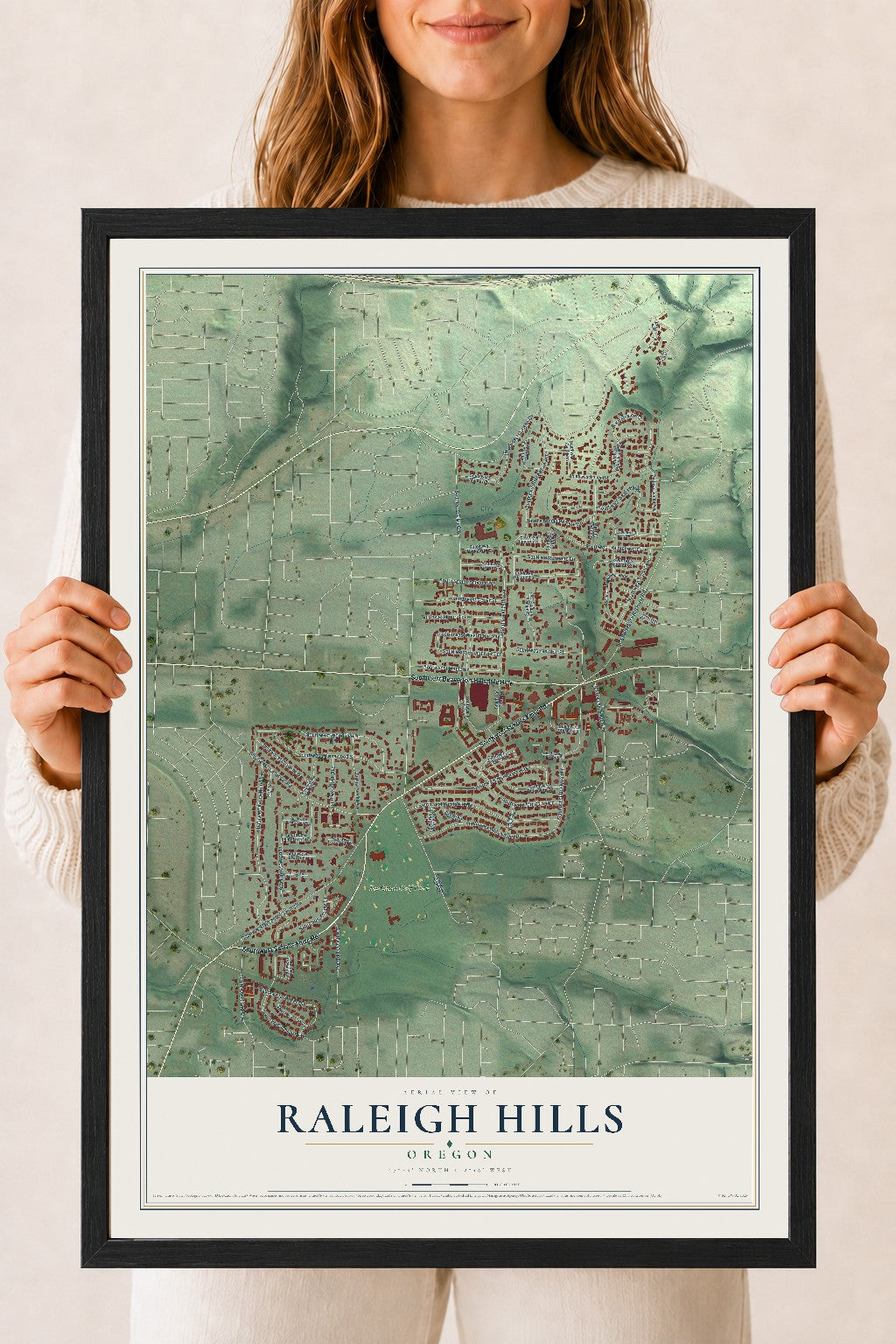 Map of Raleigh Hills, Oregon, 18 x 24 inch print in a black wood frame