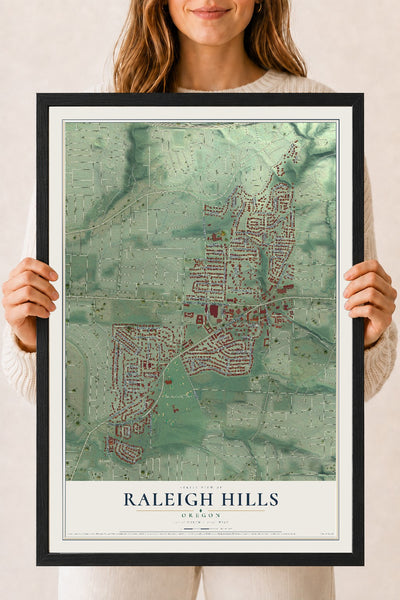 Map of Raleigh Hills, Oregon, 18 x 24 inch print in a black wood frame