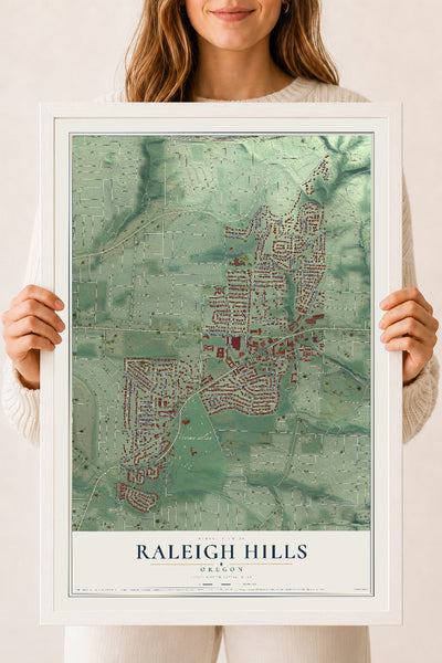 Map of Raleigh Hills, Oregon, 18 x 24 inch print in a white wood frame