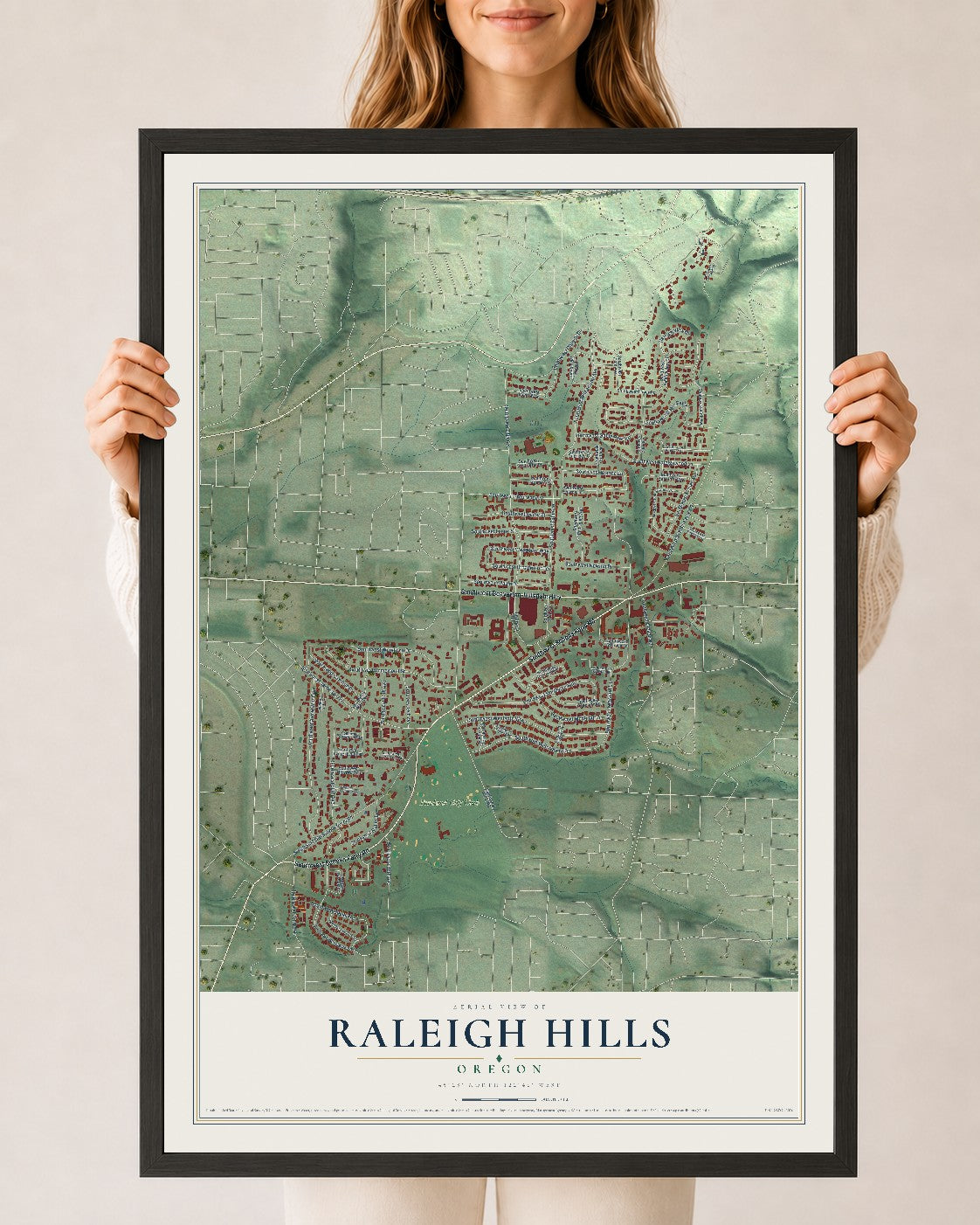 Map of Raleigh Hills, Oregon, 24 x 36 inch print in a black wood frame