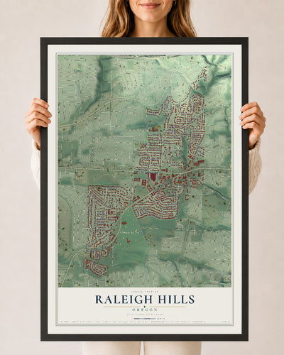 Map of Raleigh Hills, Oregon, 24 x 36 inch print in a black wood frame