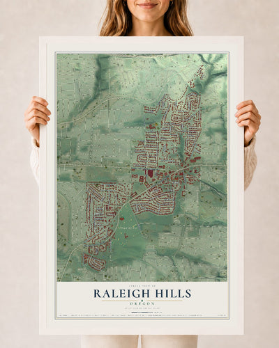 Map of Raleigh Hills, Oregon, 24 x 36 inch print in a white wood frame