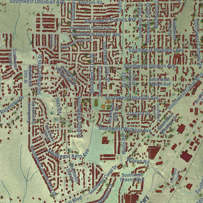 Close-up of the map of Redmond, Oregon print showing street and building detail