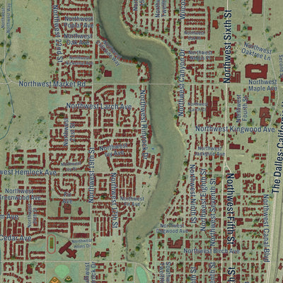 Second close-up of the map of Redmond, Oregon print showing more streets and buildings
