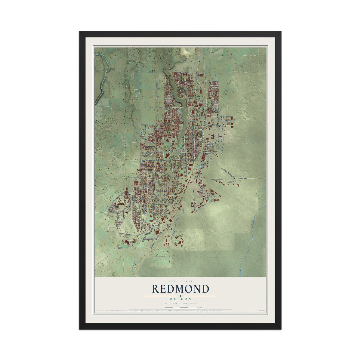 Map of Redmond, Oregon, 12 x 18 inch print in a black wood frame