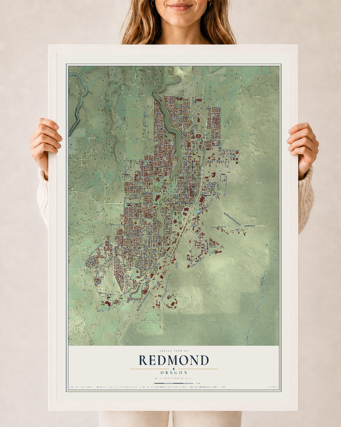 Map of Redmond, Oregon, 24 x 36 inch print in a white wood frame