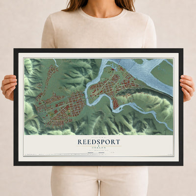 Map of Reedsport, Oregon, 12 x 18 inch print in a black wood frame