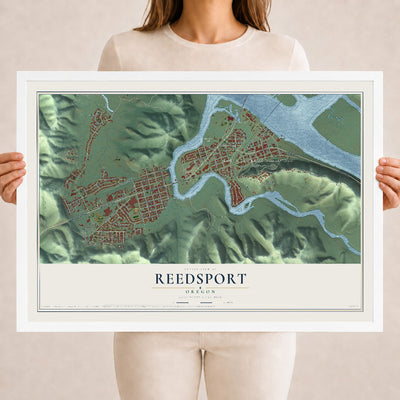 Map of Reedsport, Oregon, 18 x 24 inch print in a white wood frame
