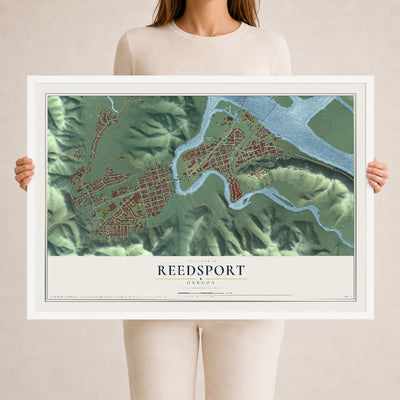 Map of Reedsport, Oregon, 24 x 36 inch print in a white wood frame