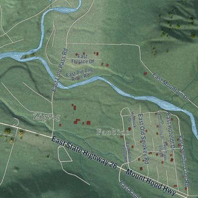 Close-up of the map of Rhododendron, Oregon print showing street and building detail