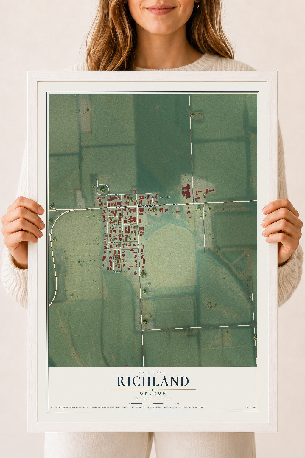 Map of Richland, Oregon, 18 x 24 inch print in a white wood frame