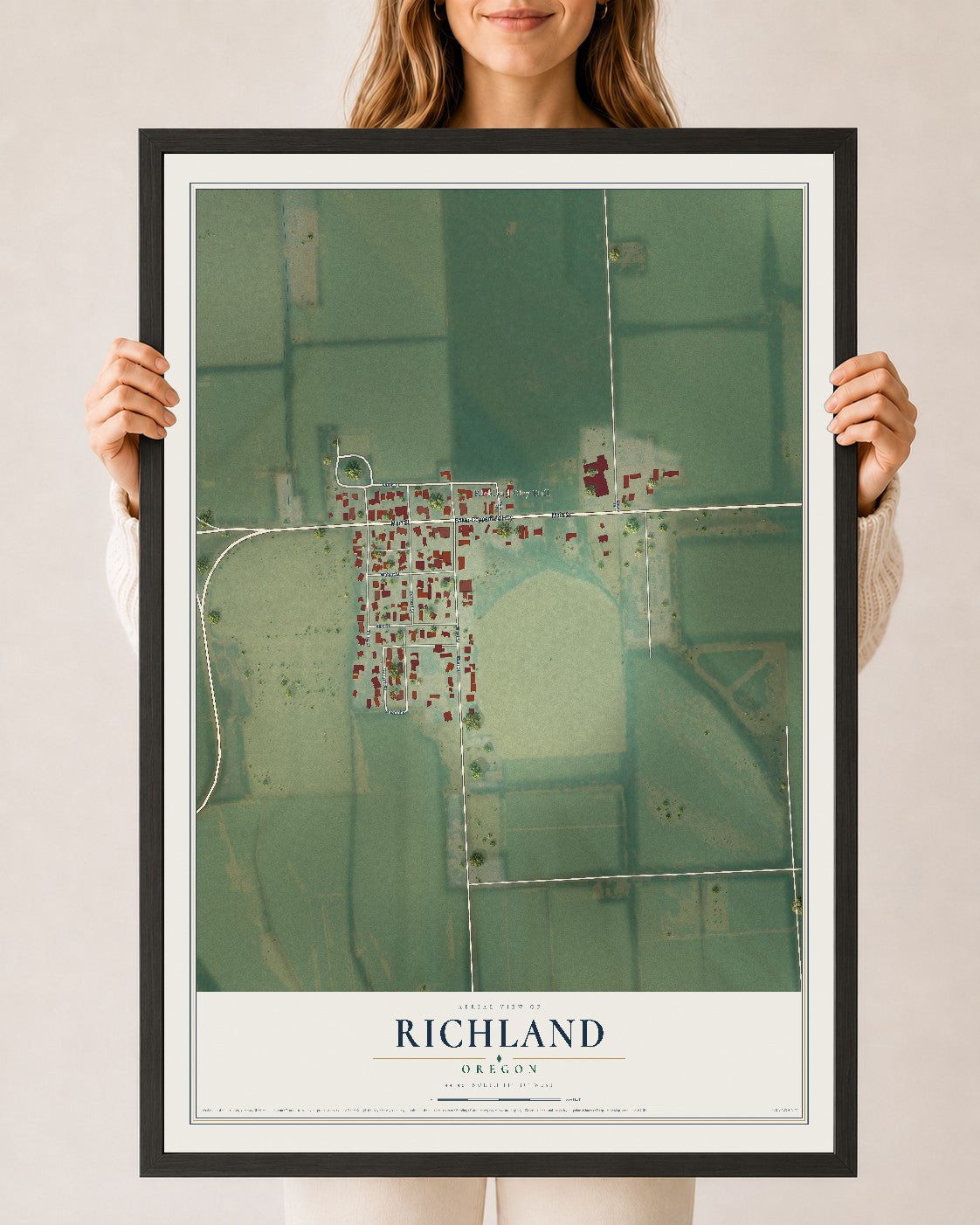 Map of Richland, Oregon, 24 x 36 inch print in a black wood frame