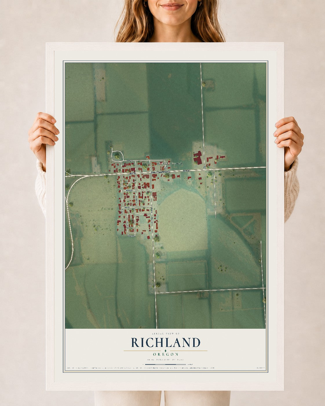 Map of Richland, Oregon, 24 x 36 inch print in a white wood frame