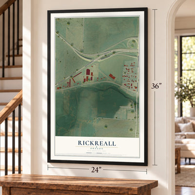 Rickreall, Oregon map, 24 x 36 inch print in a black frame by a staircase
