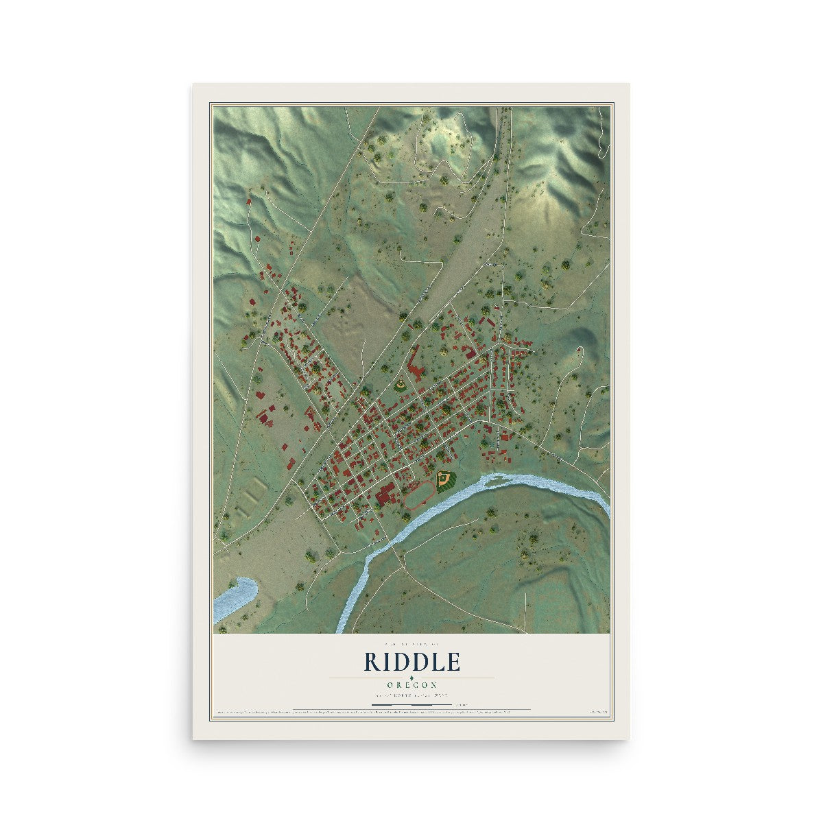Map of Riddle, Oregon, 12 x 18 inch unframed archival matte print