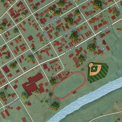 Close-up of the map of Riddle, Oregon print showing street and building detail