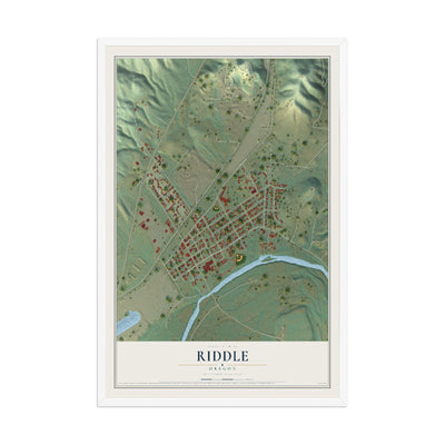 Map of Riddle, Oregon, 12 x 18 inch print in a white wood frame