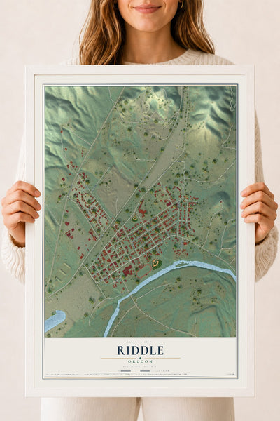Map of Riddle, Oregon, 18 x 24 inch print in a white wood frame