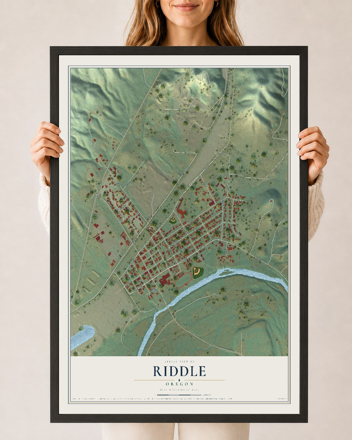 Map of Riddle, Oregon, 24 x 36 inch print in a black wood frame