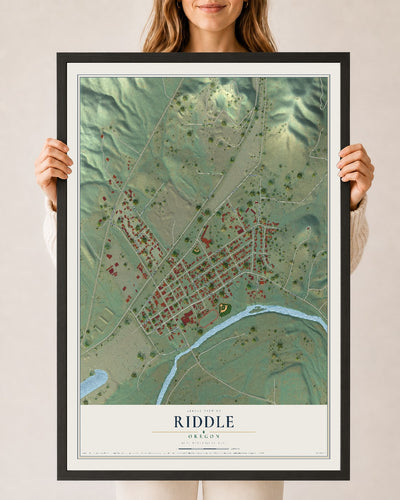 Map of Riddle, Oregon, 24 x 36 inch print in a black wood frame