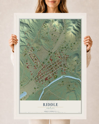 Map of Riddle, Oregon, 24 x 36 inch print in a white wood frame