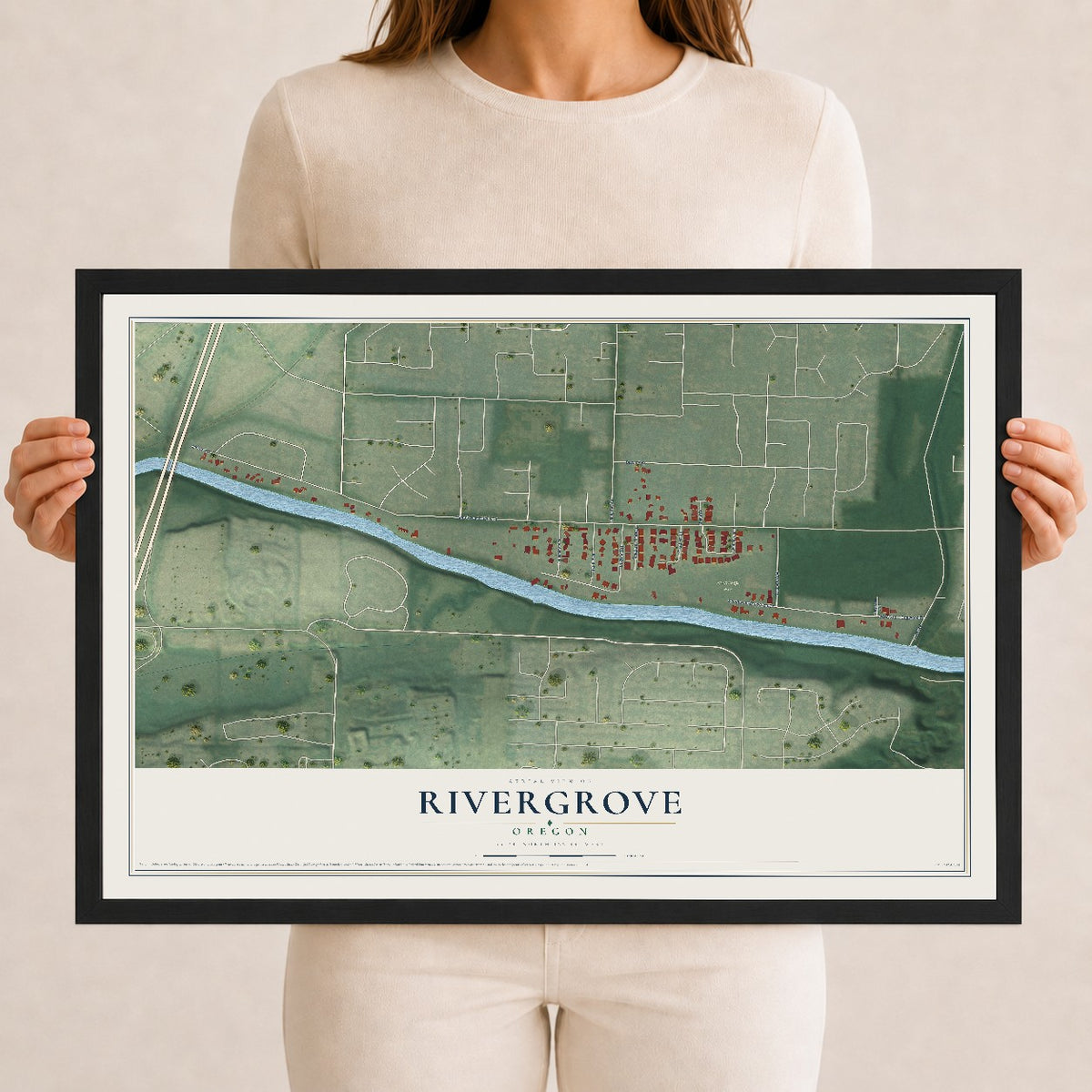 Map of Rivergrove, Oregon, 12 x 18 inch print in a black wood frame