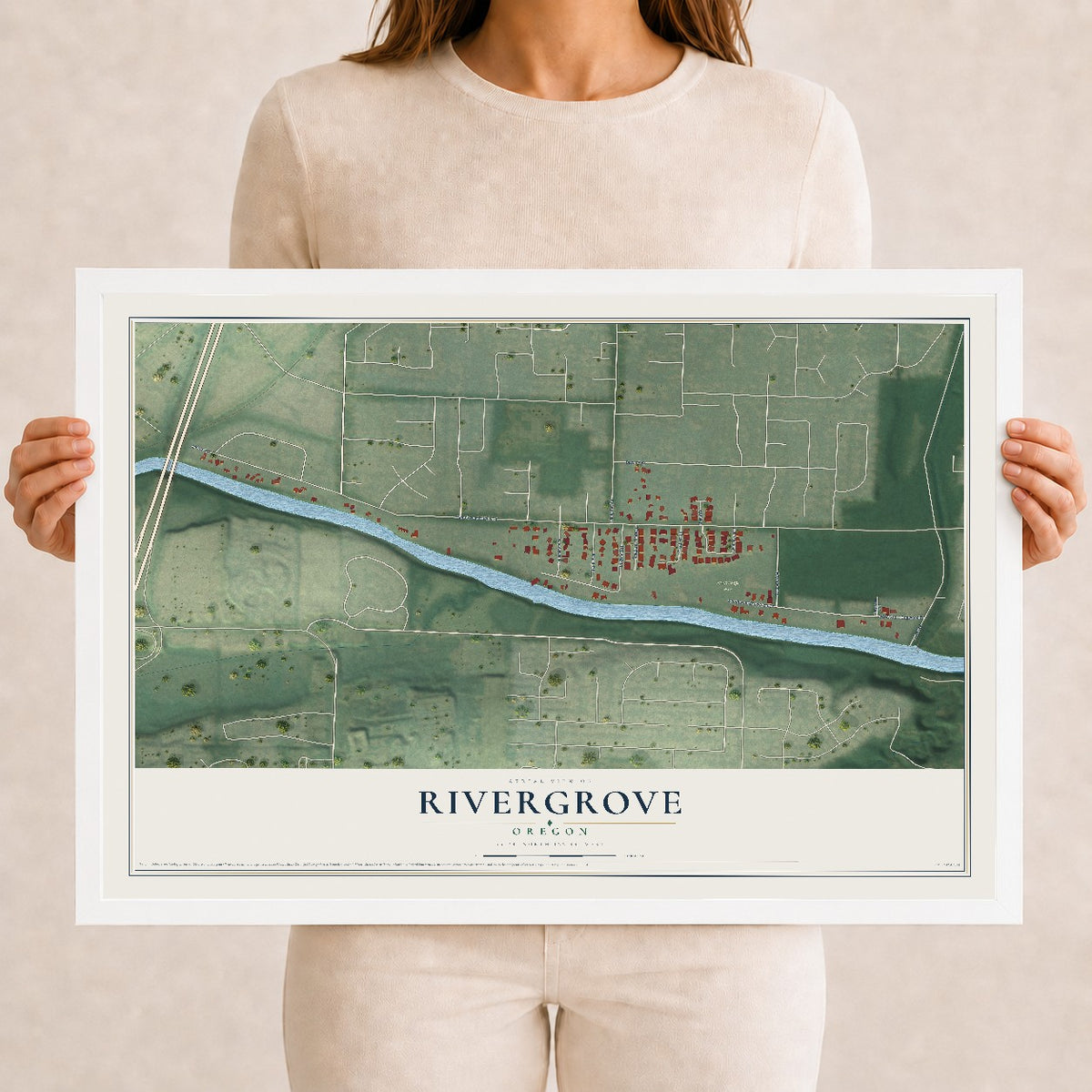 Map of Rivergrove, Oregon, 12 x 18 inch print in a white wood frame
