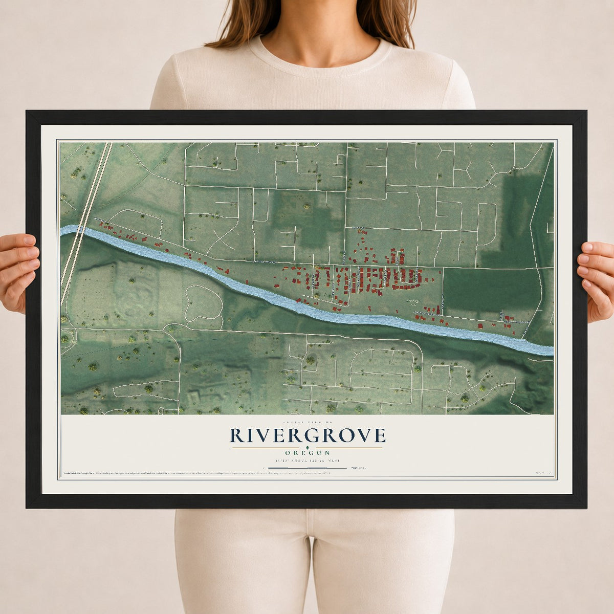 Map of Rivergrove, Oregon, 18 x 24 inch print in a black wood frame