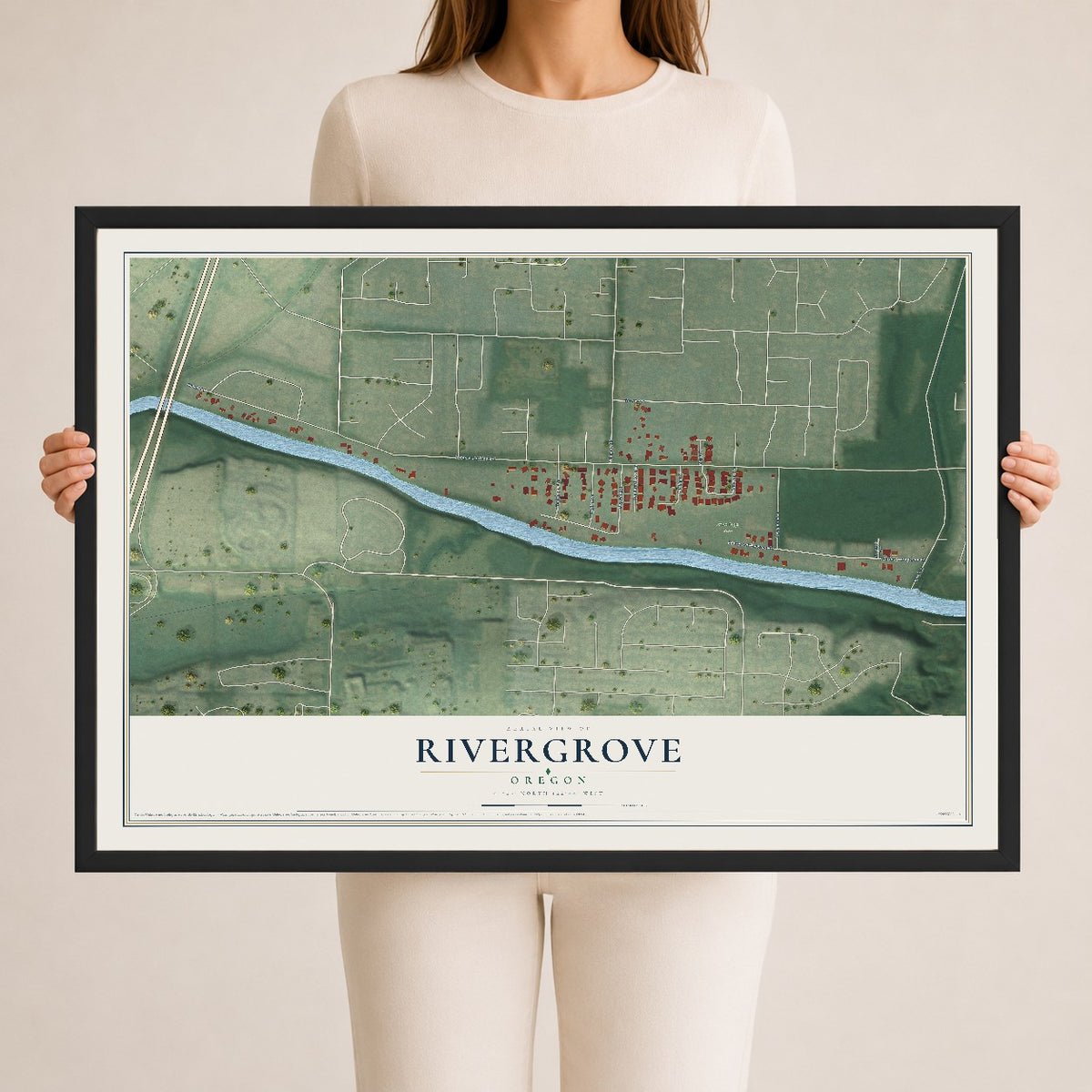 Map of Rivergrove, Oregon, 24 x 36 inch print in a black wood frame