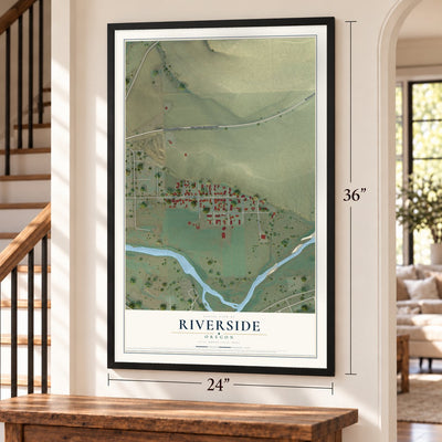 Riverside, Oregon map, 24 x 36 inch print in a black frame by a staircase