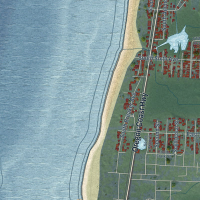 Second close-up of the map of Rockaway Beach, Oregon print showing more streets and buildings