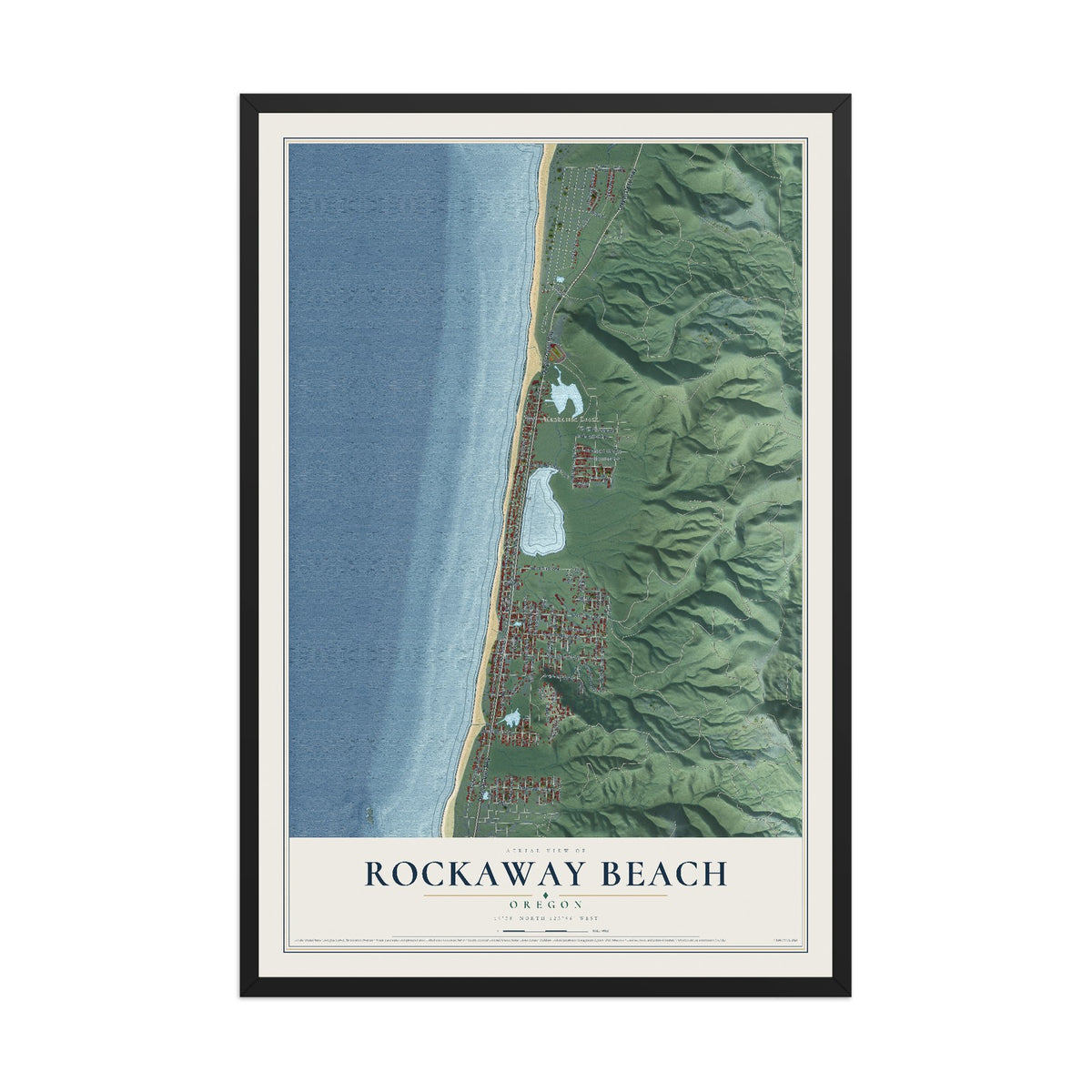 Map of Rockaway Beach, Oregon, 12 x 18 inch print in a black wood frame