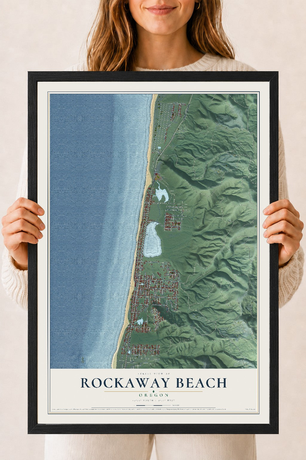 Map of Rockaway Beach, Oregon, 18 x 24 inch print in a black wood frame