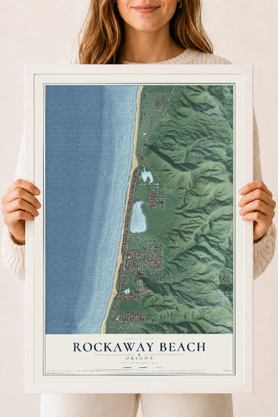 Map of Rockaway Beach, Oregon, 18 x 24 inch print in a white wood frame