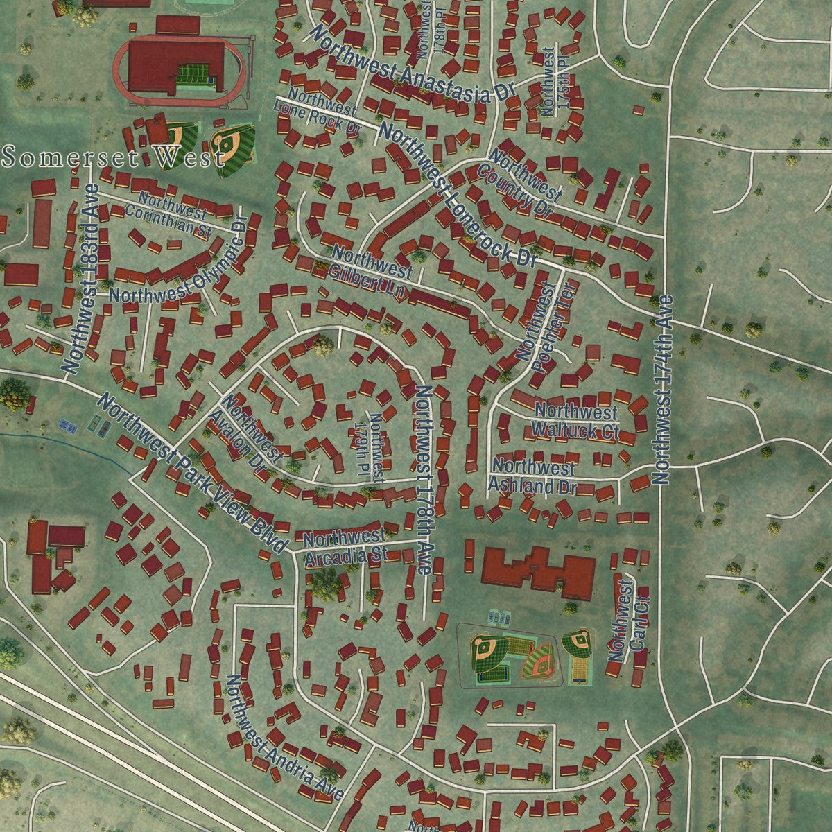 Close-up of the map of Rockcreek, Oregon print showing street and building detail