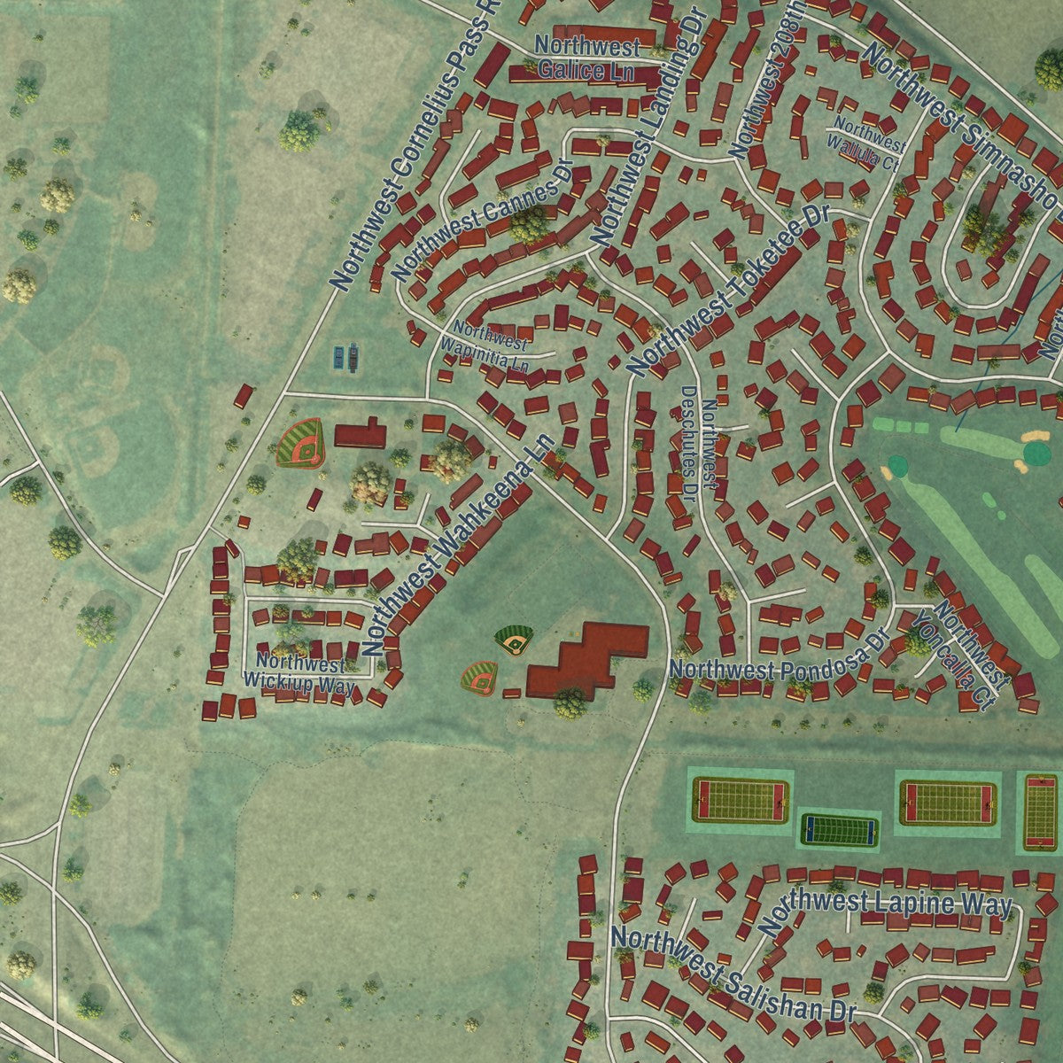 Second close-up of the map of Rockcreek, Oregon print showing more streets and buildings
