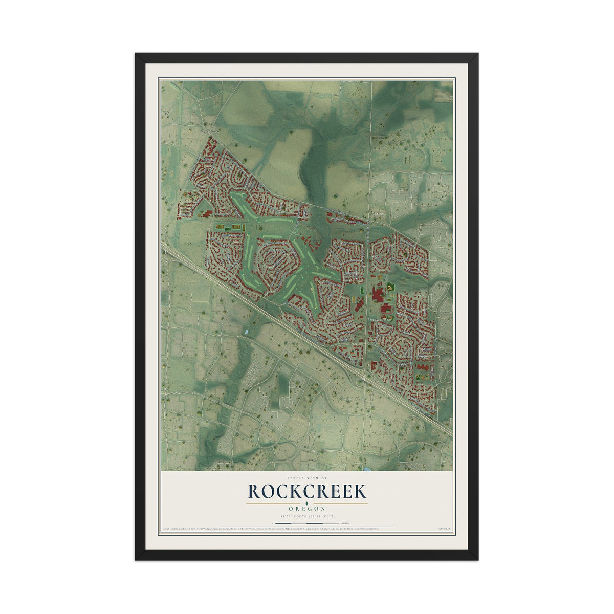 Map of Rockcreek, Oregon, 12 x 18 inch print in a black wood frame