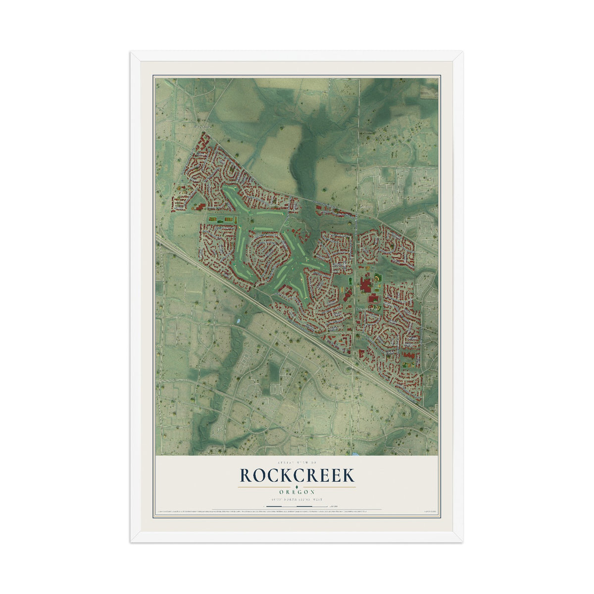 Map of Rockcreek, Oregon, 12 x 18 inch print in a white wood frame